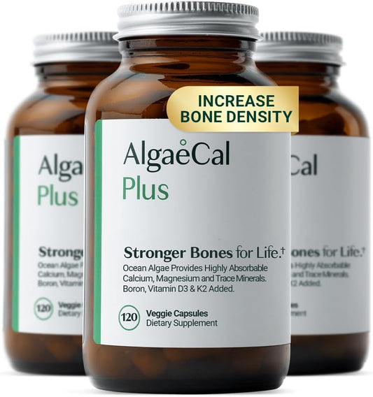 AlgaeCal Plus – Organic Red Algae Calcium with Vitamin D3, K2 MK7, Magnesium & Trace Minerals (120 Veggie Caps)
